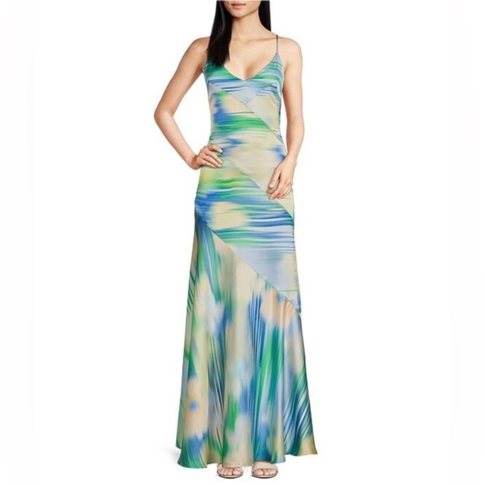 Badgley‎ Mischka Satin Maxi Dress
Water Color Printed Blue multi Prom Size 6